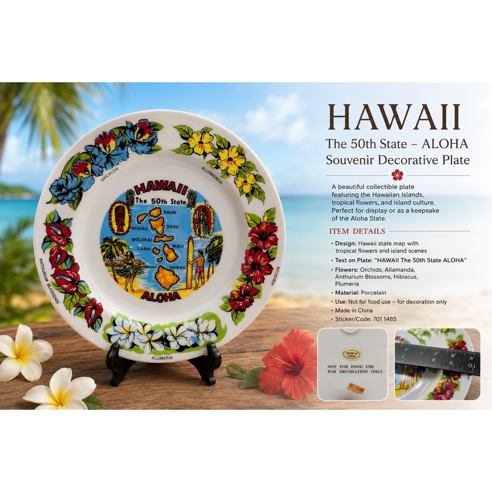 Hawaii The 50th State Aloha‎ Souvenir Decorative Plate Tropical Floral 8 inch